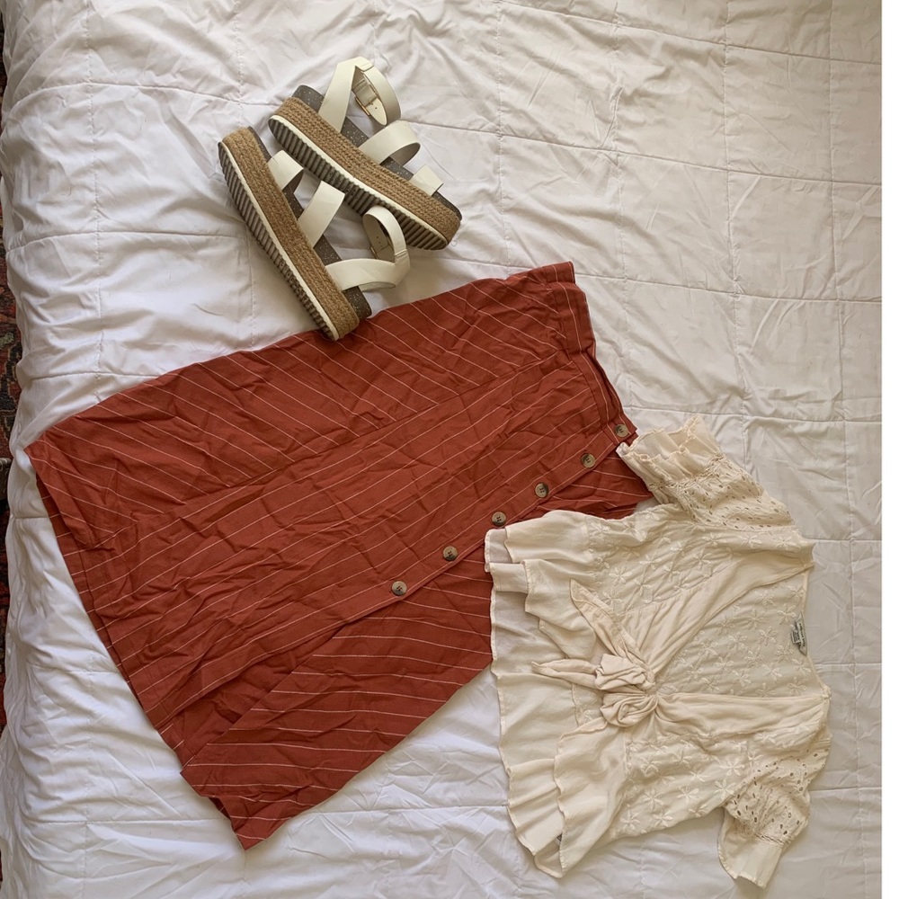 Rust Orange with White Stripes Button Midi Skirt